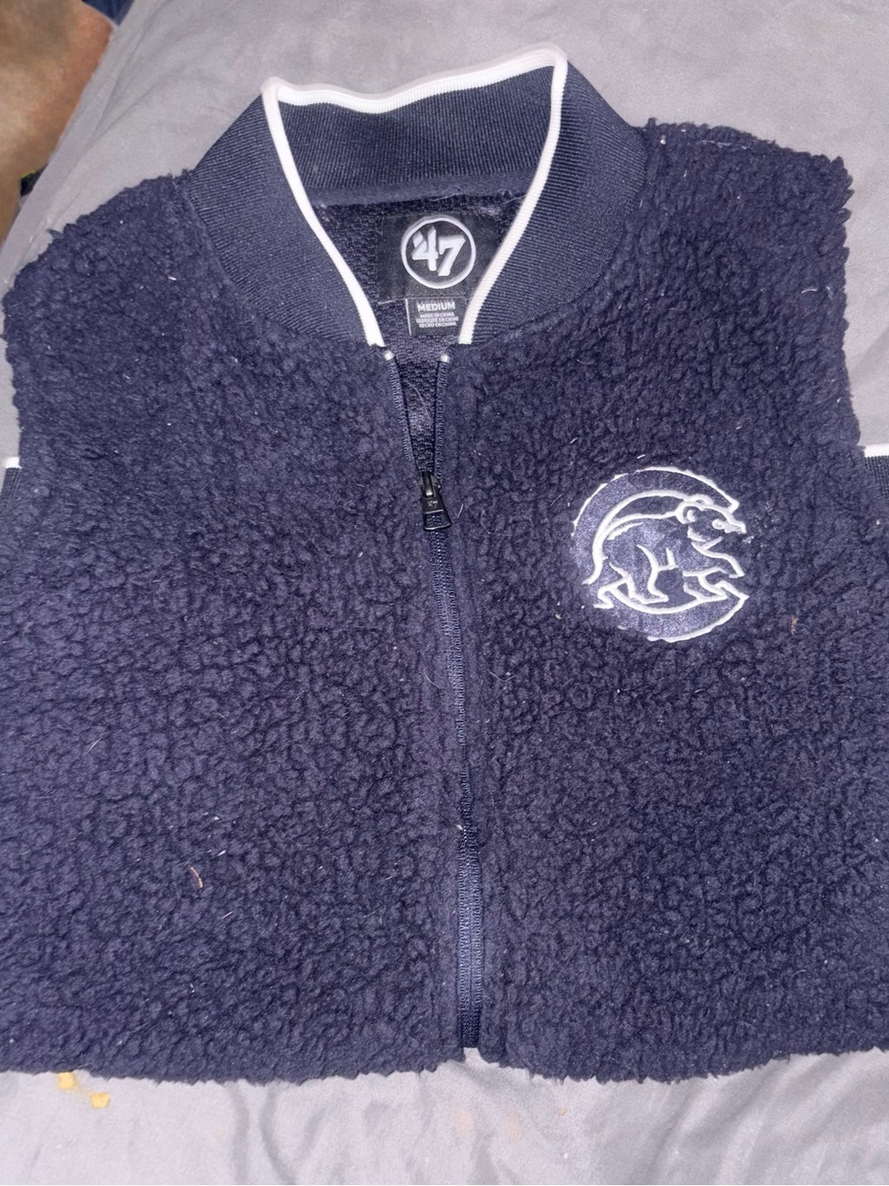47 Brand Navy Sherpa Zip-Up Vest RARE with White Trim and Embroidered Logo